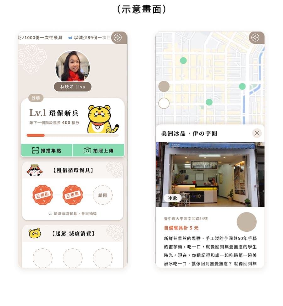 數位永續行動地圖與集點系統示意畫面:掃描集點、租借循環餐具、友善商家資訊